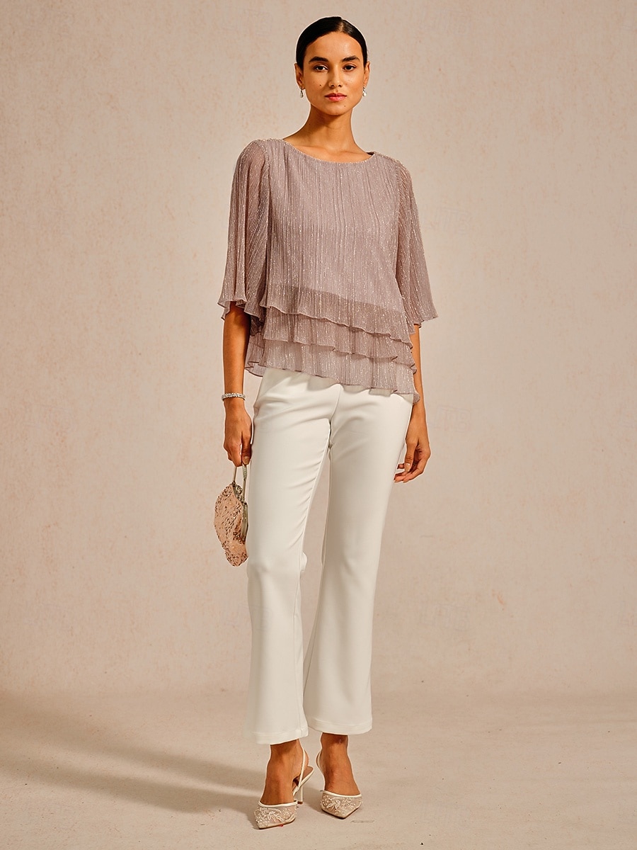 Dames Blouse Chiffon-topjes Kanten topjes Met ruches Schitteren Effen Kleur Elegant 3/4 mouw Strakke ronde hals Bruiloft gast Feestdagen Blozend Roze Zomer Lente Herfst 2026 - $59.99 –P9