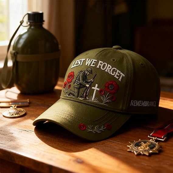 Cappello commemorativo "Lest We forget", berretto ricamato con fiori di papavero per veterani, tributo militare ed eroi caduti. del 2026 a $21.99 –P9