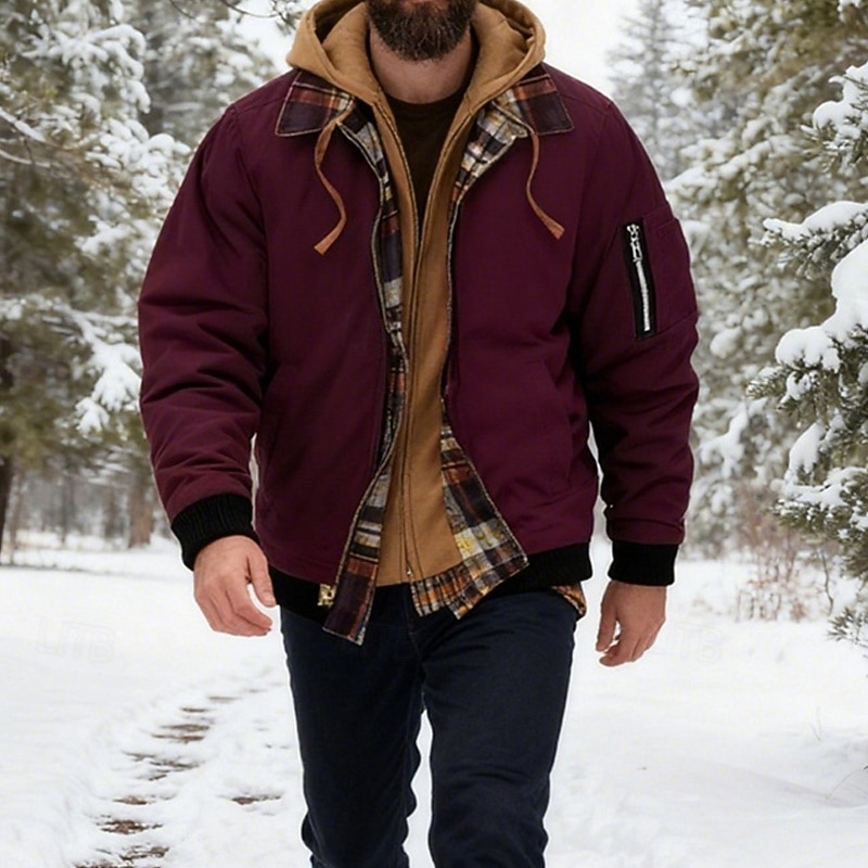 Men's Winter Jacket Casual Jacket Hoodied Jacket Outdoor Casual Pocket Quilted Winter Fall & Winter Color Block Streetwear Daily Hooded Regular Black Burgundy Navy Blue Khaki Army Green Jacket 2026 - $53.99 –P8