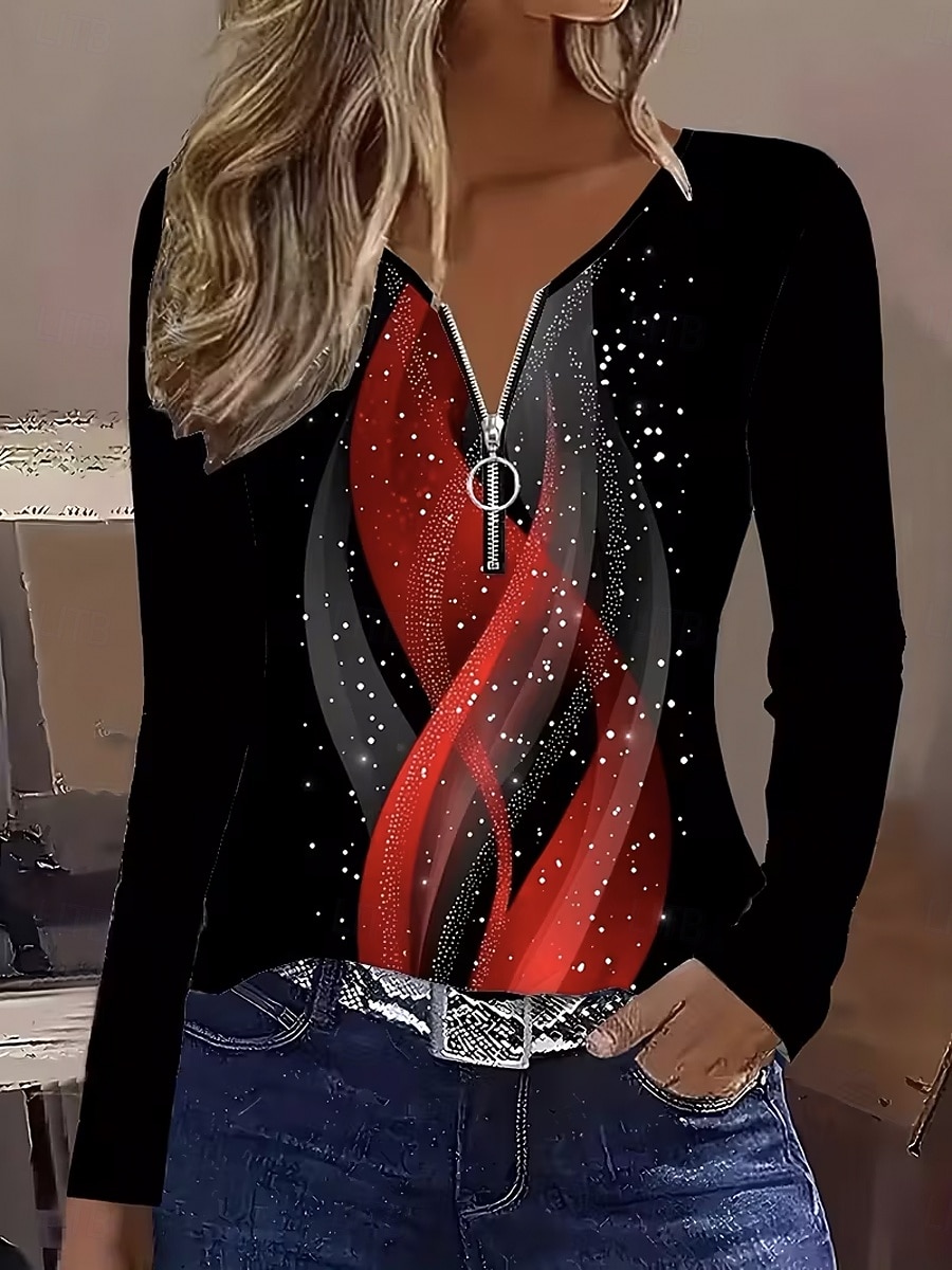 Dames T-shirt Vetoketju Afdrukken Grafisch Geometrisch Abstract Vintage Modieus Stijlvol Lange mouw Strakke ronde hals Normale tops Dagelijks Rood Lente Herfst Winter 2026 - $25.99 –P1