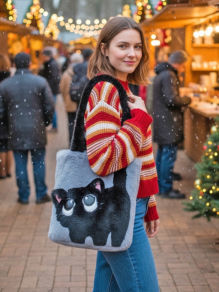 damska pluszowa torba typu tote z motywem kociej buzi, dostępna w wielu kolorach, z miękkiego futerka, o uroczym i zabawnym designie, idealna na niezobowiązujące wyjścia i jako prezent 2026 - $18.99 –P2