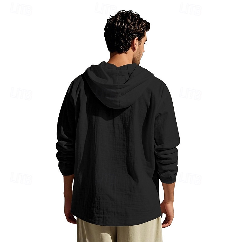 Men's Shirt Popover Shirt Summer Shirt Casual Shirt Beach Shirt Black White Yellow Navy Blue khaki Long Sleeve Solid Color Hooded Vacation Casual Drawstring Clothing Apparel Fashion Casual Comfortable 2026 - $28.99 –P24