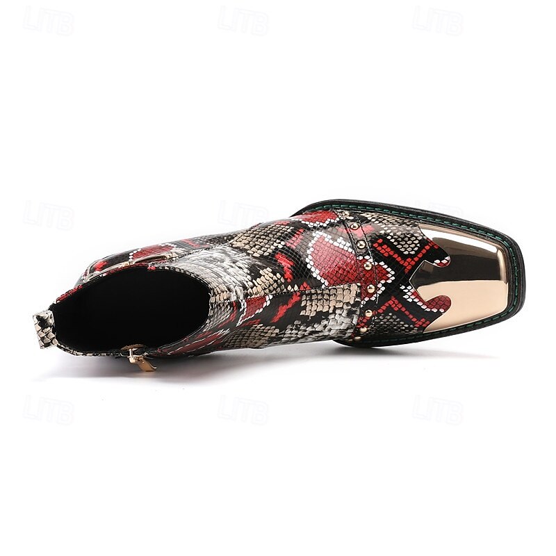 stivaletti da uomo con stampa serpente rossa e nera: pelle pregiata con dettagli dorati, scelta elegante per feste di Natale e occasioni festive del 2026 a $149.99 –P8