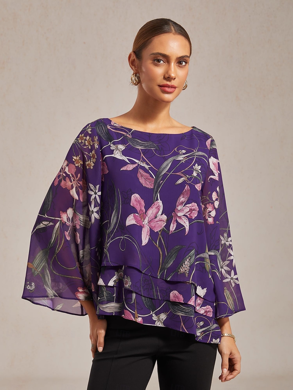 camicetta da donna in chiffon trasparente viola scuro con stampa floreale, mezza manica, orlo a strati, scollo rotondo, pullover del 2025 a $61.99 –P5