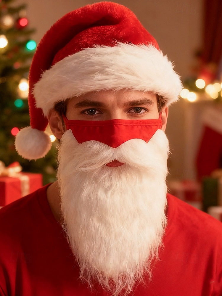 Мужской рождественский комплект из шапки Санты и маски с бородой, красная плюшевая шапка с белым мехом, удобная маска для лица, аксессуар для праздничного костюма для рождественских вечеринок и праздничных мероприятий 2026 - $11.99 –P3