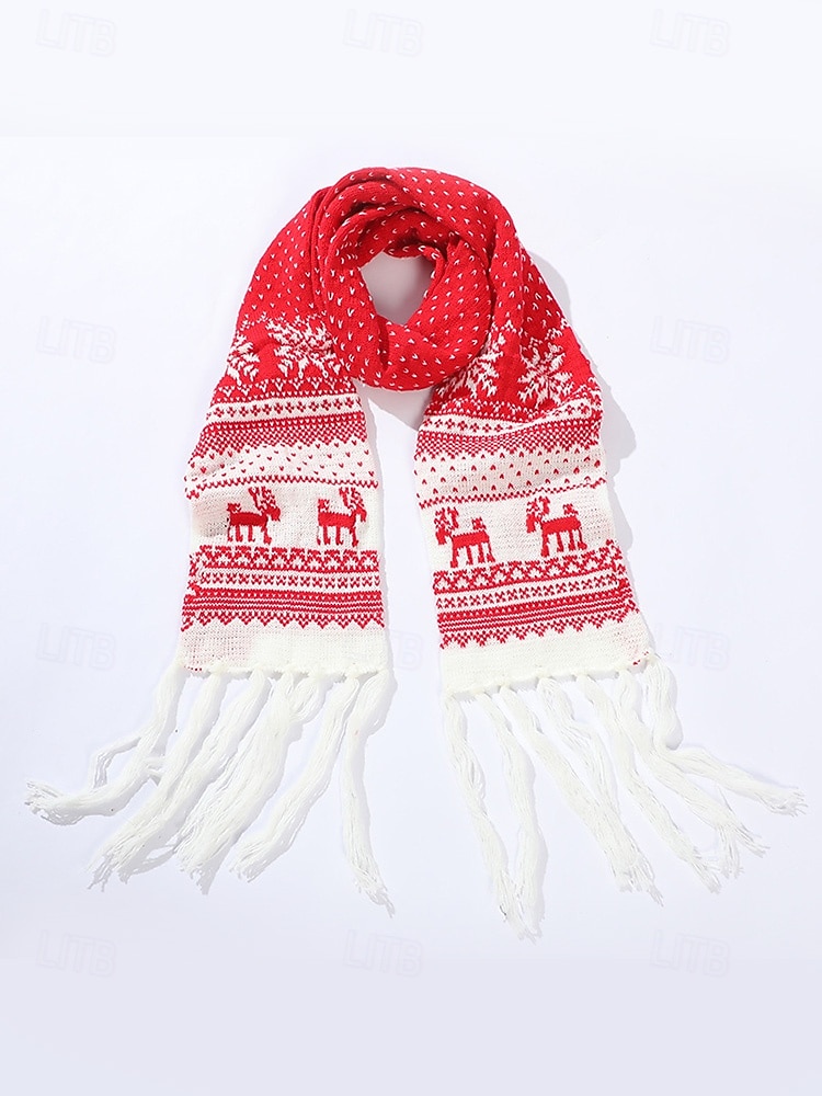 Écharpe de Noël tricotée pour femme, en acrylique, motif jacquard rouge et blanc avec rennes et flocons de neige, accessoire festif d'hiver pour les fêtes de fin d'année de 2026 ? $14.99 –P5
