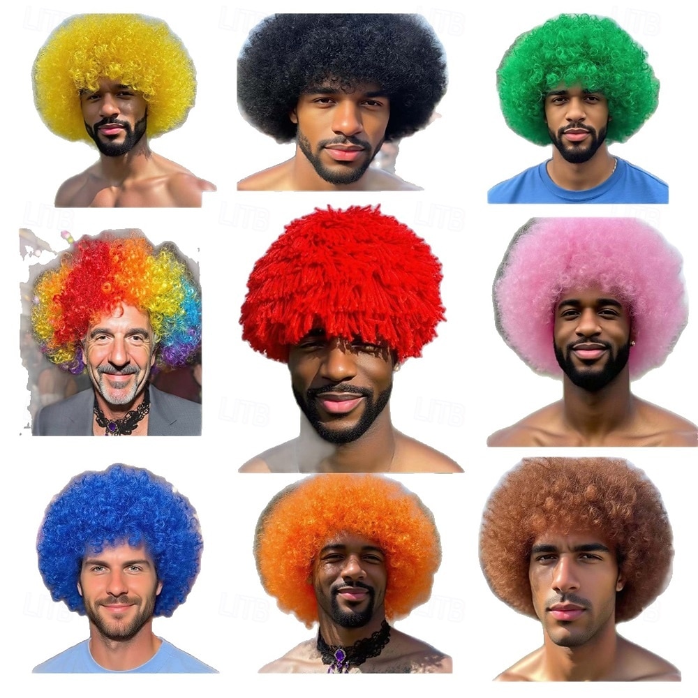 Perruque de carnaval 2026 Rose Noir Bleu Bouclé Afro Court Perruque synthétique de festival Mardi Gras Parade Coiffure de costume de cosplay pour Hommes de 2026 ? $11.49 –P1