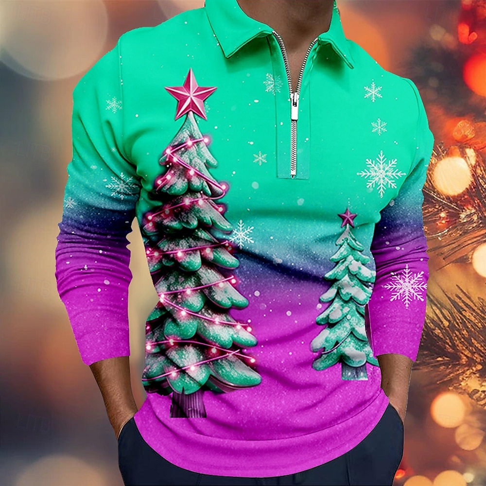 Jul Herr Julgran Polo Långärmad Polotröjor Kavajslag Ledigt Helgdag Dagliga kläder Festivalkläder 3D-utskrift Quarter Zip Polo Vår Höst Vinter Blå Sjöblå Rubinrött 2025 - $22.99 –P4