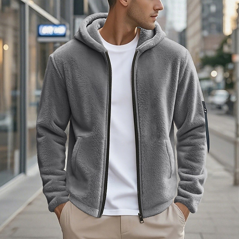 Men's Winter Coat Teddy Coat Casual Jacket Outdoor Casual Thermal Warm Pocket Full Zip Fall Winter Plaid Streetwear Sports & Outdoors Hooded Regular Dark Gray Black Navy Blue Khaki Jacket 2026 - $33.99 –P16