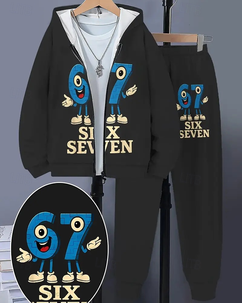 Unisex Jungen 3D Grafik Lustiger Slang 67 Hoodie- und Jogginghosen-Set Sportanzug Jacke & Hose Langarm Frühling Herbst Mode Lässig Komfort Kinder 4-12 Jahre Reissverschluss Mit Kapuze Outdoor Urlaub 2026 - $33.99 –P1