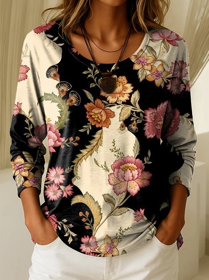 Damen T Shirt Druck Grafik Geometrisch Pflanzen Vintage Stilvoll Lässig Langarm Rundhalsausschnitt Normale Oberteile Täglich Wochenende Blau Schwarz Wein Purpur Frühling Herbst Winter 2026 - $24.99 –P3