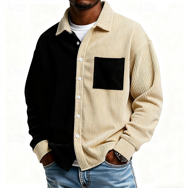 Men's Shirt Casual Shirt Corduroy Shirt Button Up Shirt Blue Black khaki Long Sleeve Color Block Lapel Casual Outdoor Pocket Clothing Apparel Polyester Vintage Fashion Casual 2026 - $26.99 –P1