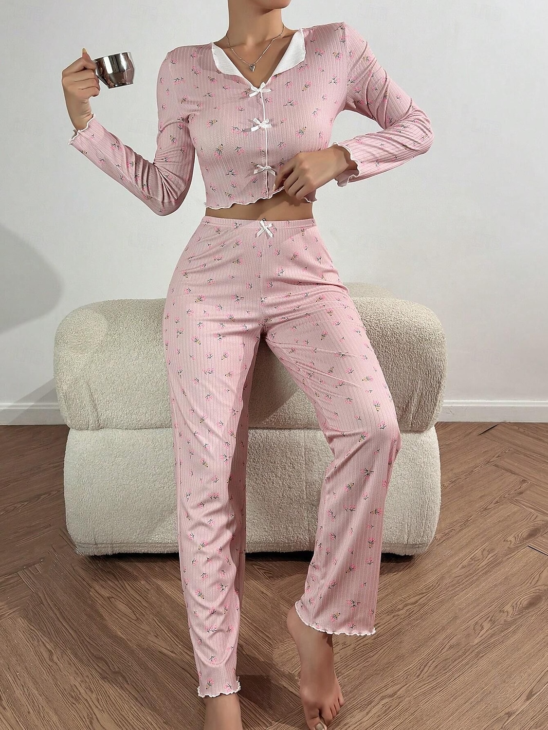 Damen Schlafanzug Set Lässig Komfort Blumen Elastischer Bund Hose Heim Täglich Langarm V Ausschnitt Blau Schwarz Weiß Rosa Frühling Herbst Normale Passform 2026 - $19.99 –P19