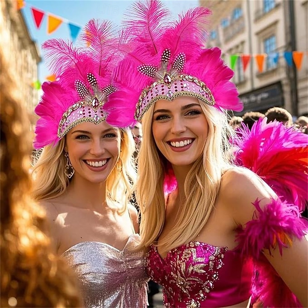 Carnival 2026 Rio Carnival Samba Accessories Hot Pink Ostrich Feather Headdress for Women - Sequin Rhinestone Headpiece - Carnival Showgirl Mardi Gras Costume Brazil Festival Performance Costume 2026 - $15.49 –P4