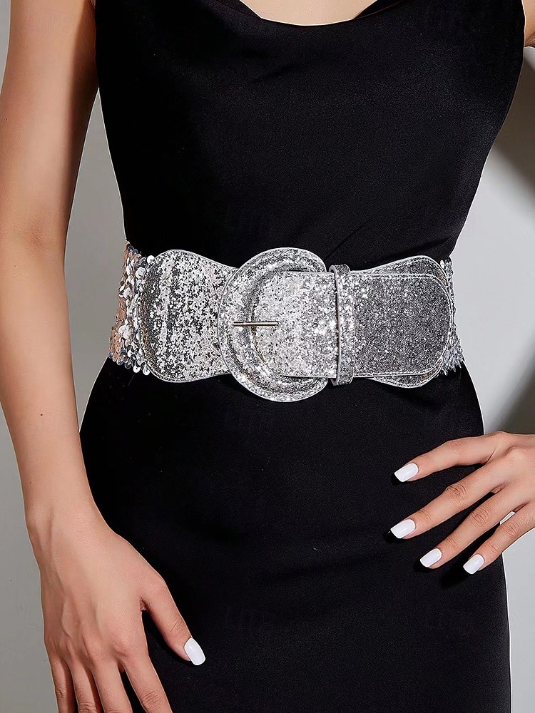 Cinto feminino elástico em couro sintético com lantejoulas douradas brilhantes, perfeito para festas de Natal e outras ocasiões especiais. de 2026 por $14.99 –P2