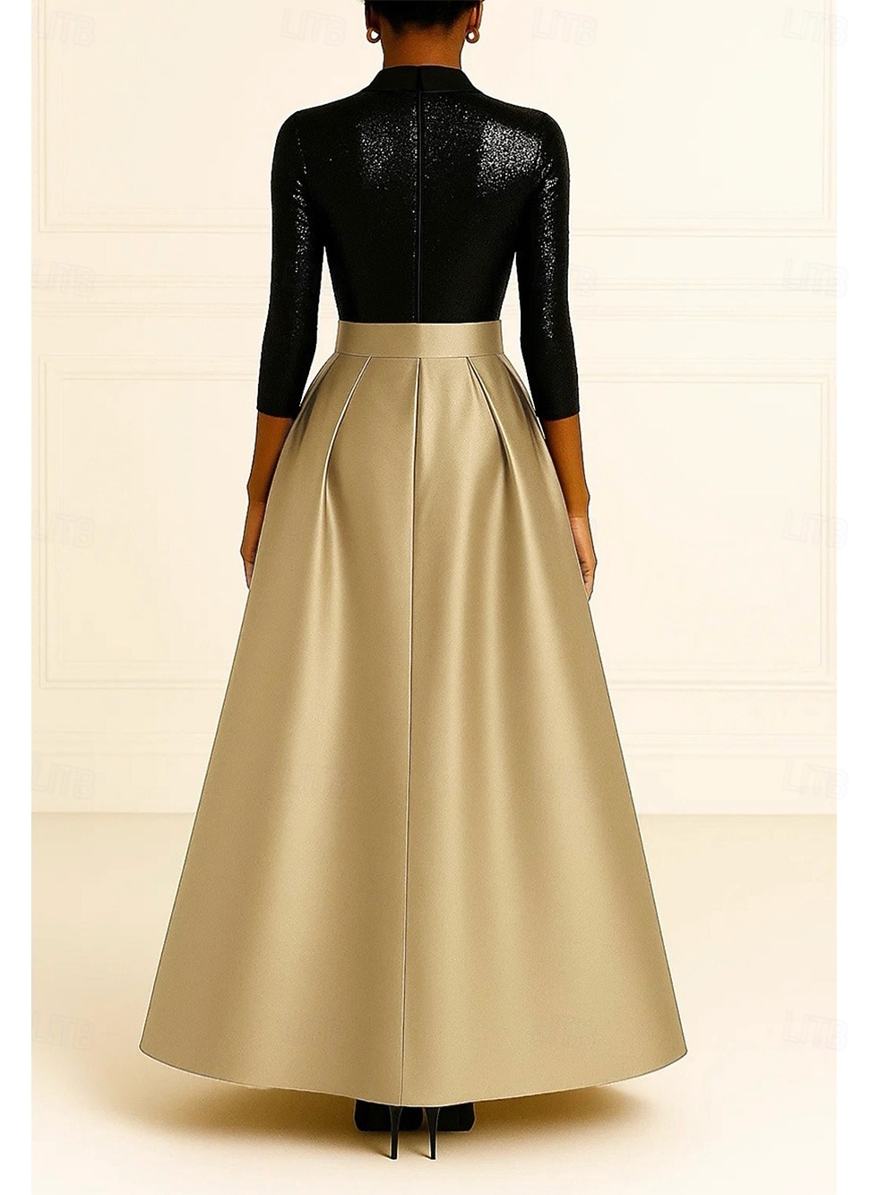 Tuxedo Dress Black Sequin Dress Formal Wedding Wedding Guest Satin A-line Dress Elegant 3/4 Sleeve Pleated Floor Length Peaked Lapel Hidden 2026 - $172.99 –P2