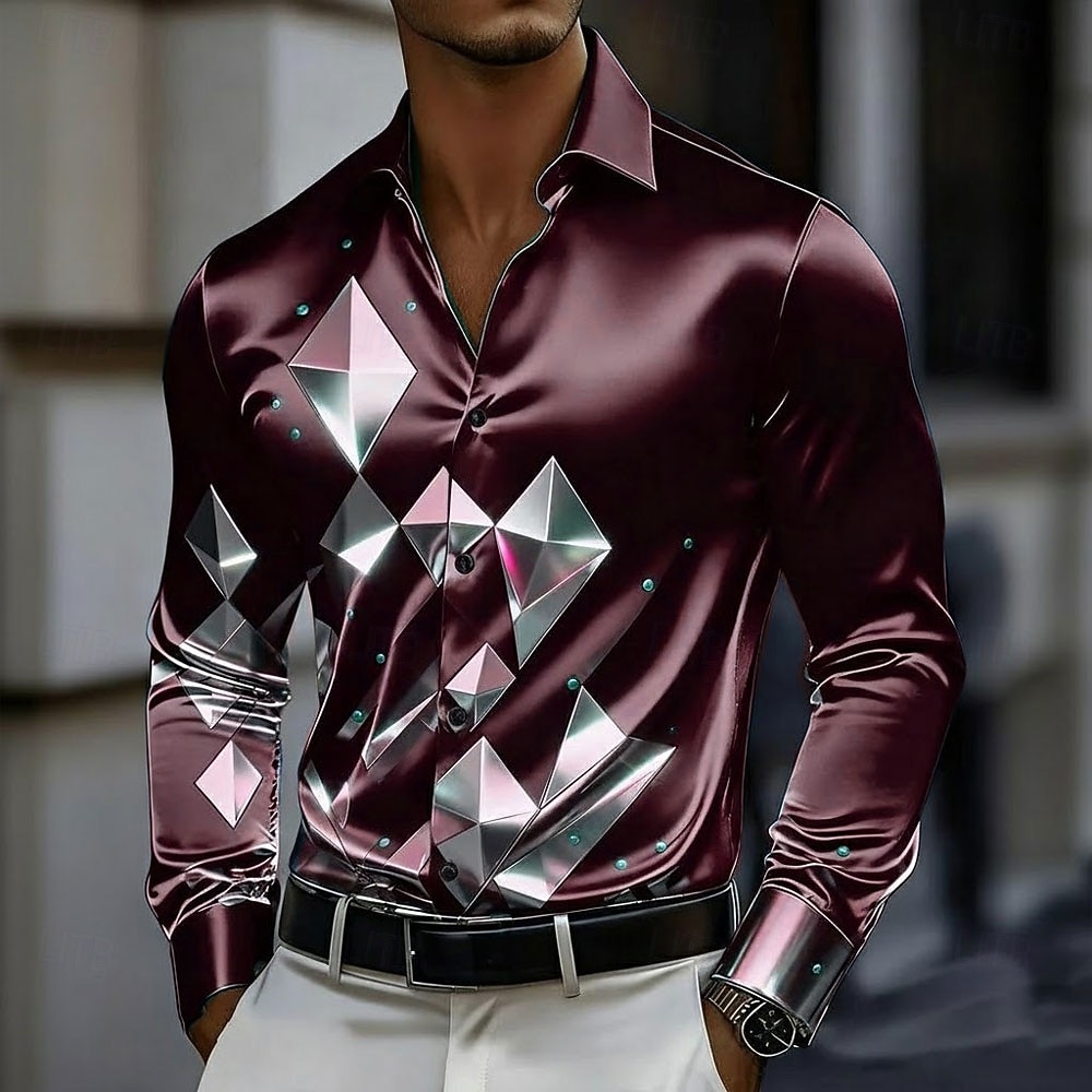 Herren Geometrisch Karo / Karomuster Glas Hemd Satinhemd Kleidhemd Langarm Business-Casual Urlaub Alltagskleidung Sommer Frühling Herbst Umlegekragen 3D-Druck Hemden mit Knopfleiste Dunkelrot 2026 - $29.99 –P3