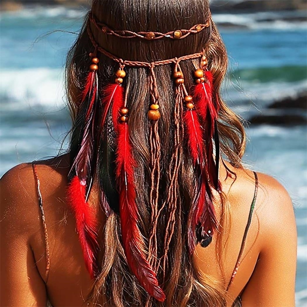 Samba tillbehör bohemisk röd svart fjäderhårförlängning hårband - hippie justerbar flätad hårdel med pärlor|l performance kostym 2026 - $9.49 –P3
