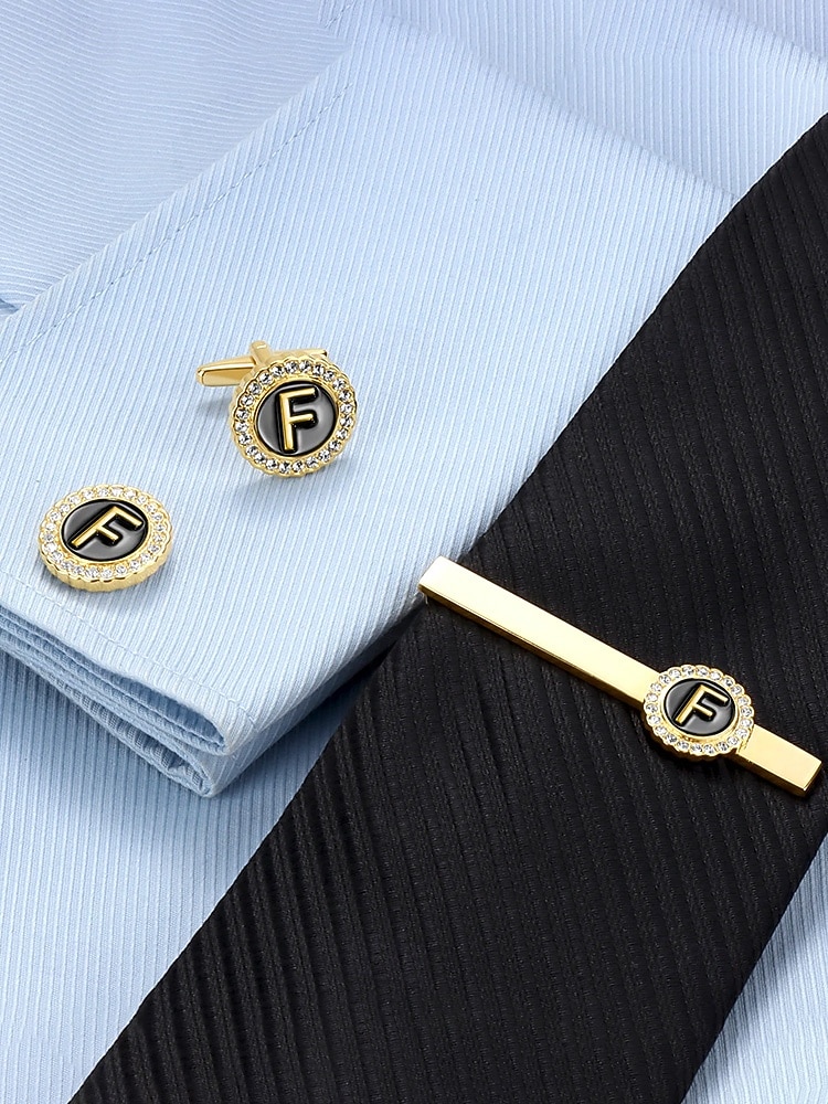 Комплект из мужского зажима для галстука, запонок и булавки для лацкана из сплава – элегантный черно-золотой дизайн с кристаллами, персонализированный 26 инициалами, идеальный подарок для официальных мероприятий и делового дресс-кода 2026 - $11.99 –P2