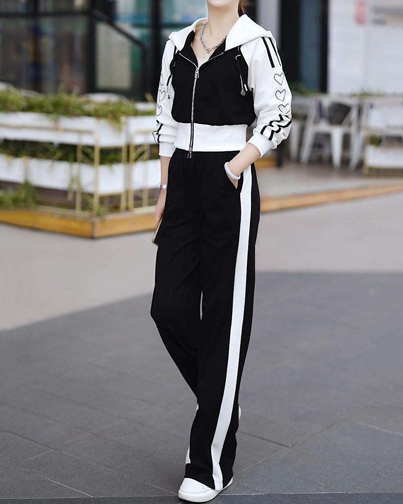 نسائي سويت شيرت بسحاب بنطلون واسع الساق بدلة رياضية من قطعتين رباط ألوان متناوبة أطقم ملابس رياضية الخريف أسود أبيض المشي لمسافات طويلة مهنة ركض كم طويل رياضة ألبسة رياضية مرن نسبياً عادي 2026 - $39.99 –P8