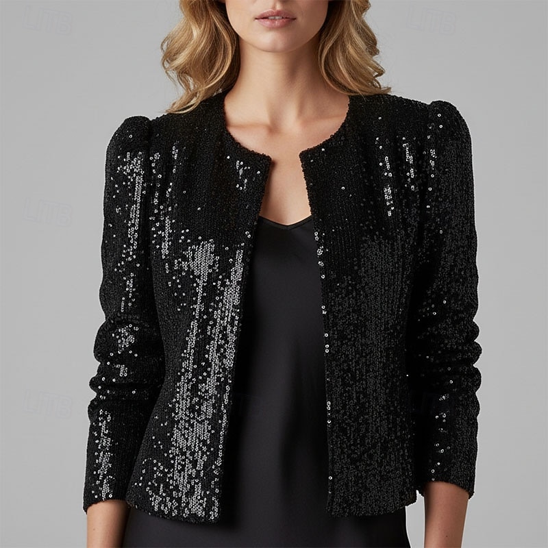 Damen Wintermantel Warm Bequem Pailletten Öffnung vorne Mode Lässig Einfach Urlaub Straße Alltagskleidung Ausgehen Kurz Rundhalsausschnitt Normale Passform Langarm Oberbekleidung Schwarz Rosa Herbst 2026 - $26.99 –P1