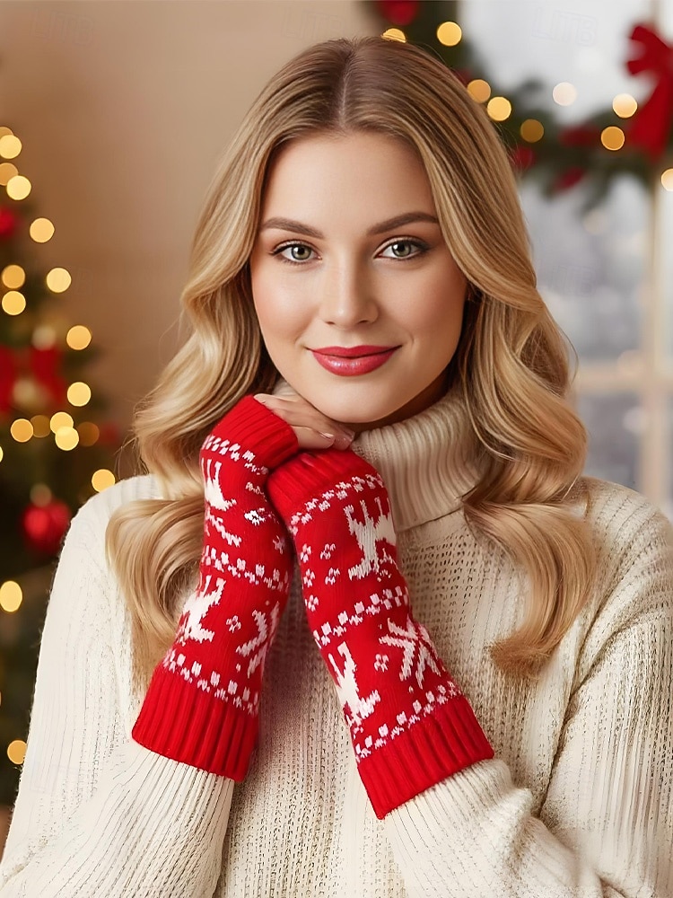 Stickade fingerlösa julvantar för kvinnor, röda och vita Fair Isle-renmönster, julvantar för vinterfester och festliga evenemang 2026 - $7.99 –P1