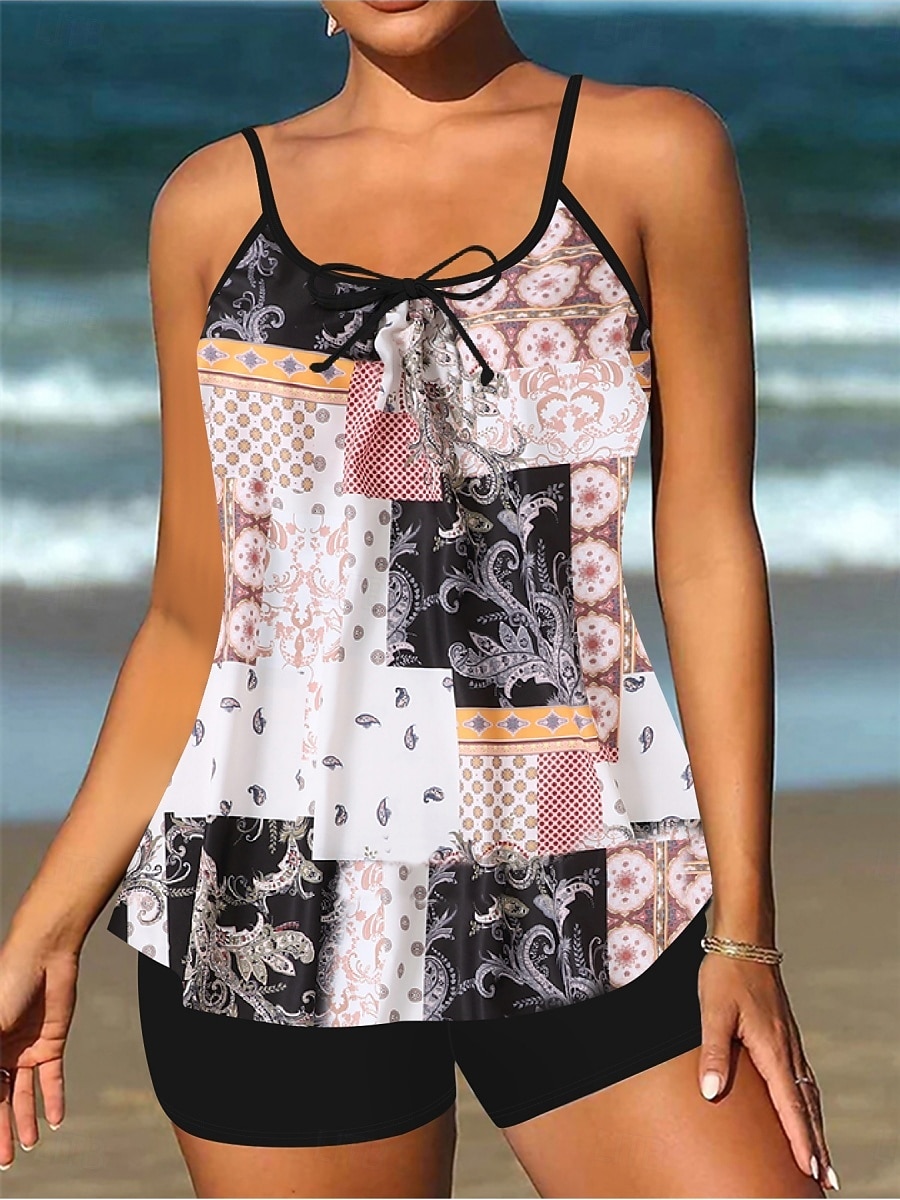 Kvinnors tankini 2-delad baddräkt Boho shorts mage kontroll hög midja smal rygglös semester strandkläder paisley U-hals ärmlösa baddräkter 2026 - $33.99 –P5