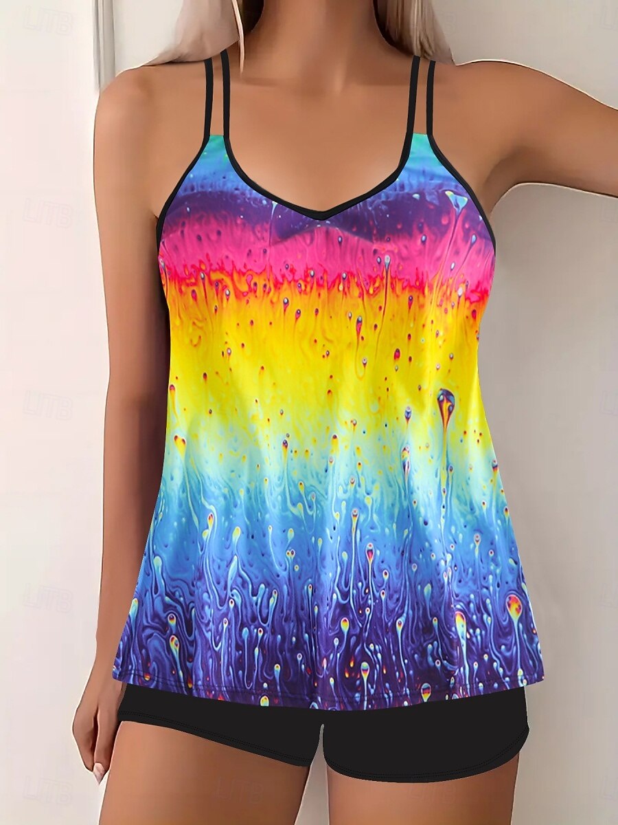 Damen Badeanzug Tankini Zweiteilig Shorts Bademode Bauchkontrolle Hohe Taille Schlank Rückenfrei Urlaub Strandbekleidung Ombre Farbblock V Ausschnitt Ärmellos Badeanzüge 2025 - $29.99 –P7