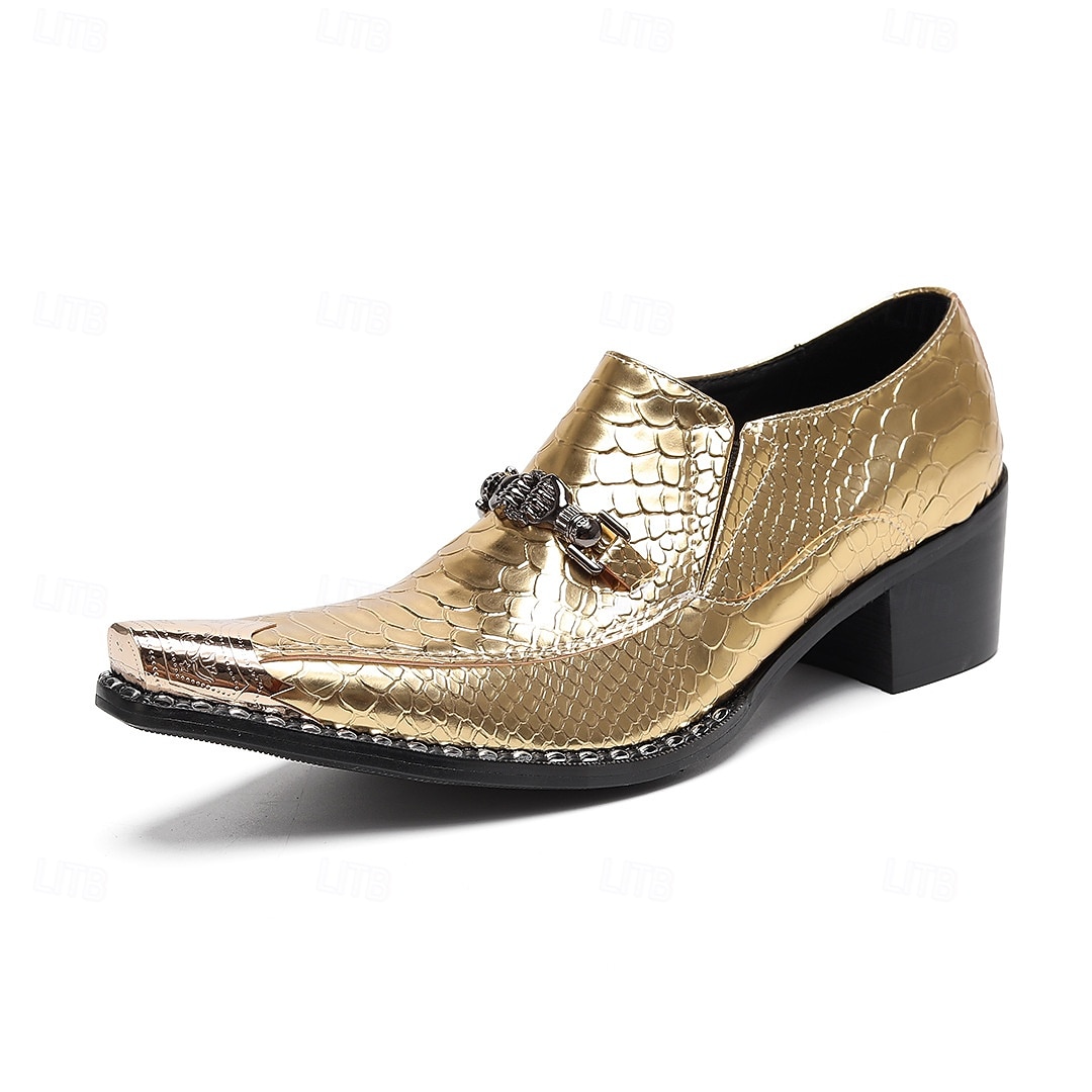 Scarpe eleganti con stampa di serpente oro di Mardi Gras per uomini – pelle di mucca premium 100% all’avanguardia design a punta per Carnevale feste e occasioni speciali del 2026 a $149.99 –P3