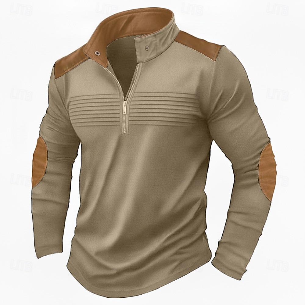 Hombre Camiseta superior Manga Larga Cuello Mao Primavera & Otoño Bloque de color Moda Design Básico Cerrar Plisado Vacaciones Calle Noche Azul Marino Camiseta superior para hombre 2026 - $24.99 –P3