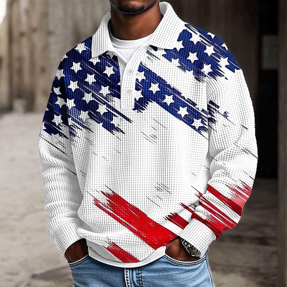 4. Juli 2026 250. Herren Amerikanische US-Flagge Polo Textur Langarm Polo-Shirts Revers Lässig Athleisure Alltagskleidung 3D-Druck Frühling Herbst Winter Weiß 1 Weiß 2 2026 - $28.99 –P1