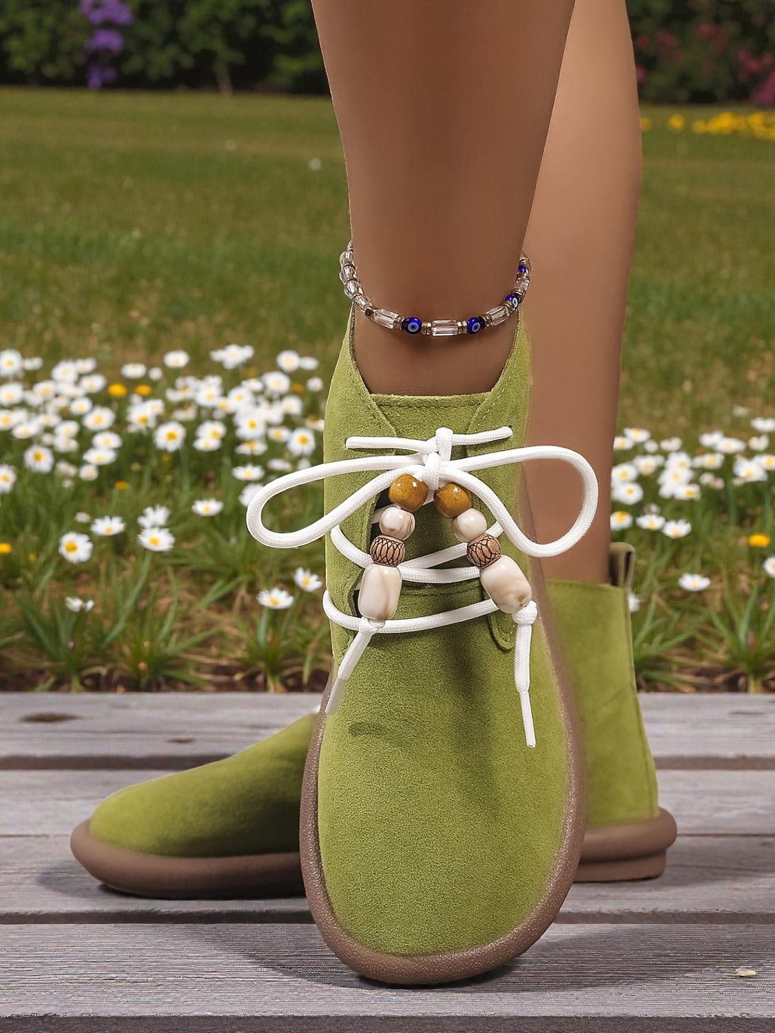 Botines verdes de mujer con cordones de cuentas: botines chukka bohemios planos para caminar, viajar y lucir en primavera con estilo escolar. 2026 - $42.99 –P3