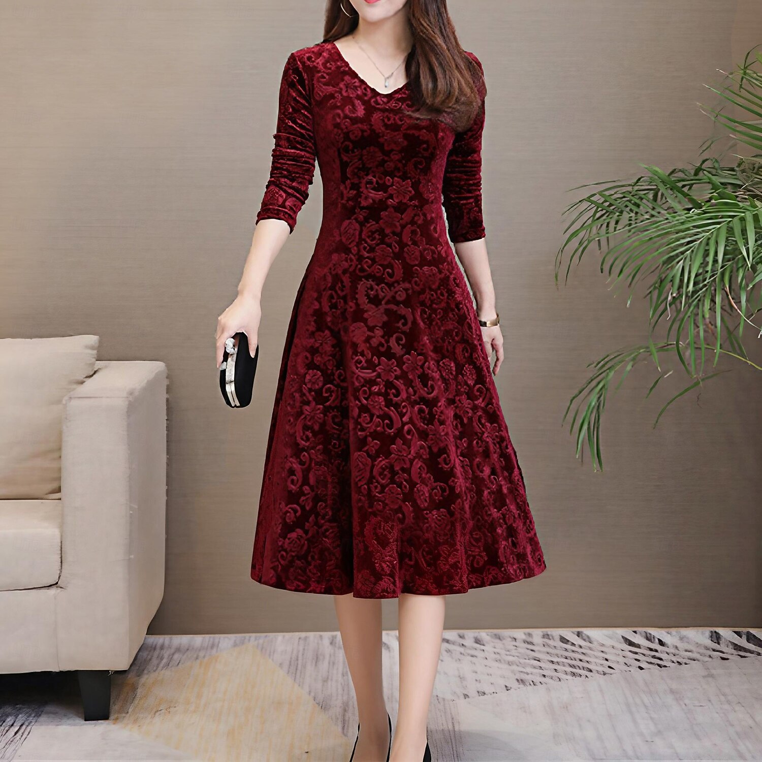 Women's Midi Dress Velvet Dress Party Dress Swing Dress Emerald Green Dress  Elegant Fashion Romantic Vacation