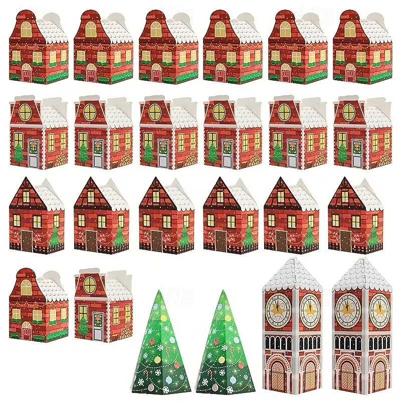 Caixa de calendário do advento de Natal com 24 peças - design de casinha de gengibre vermelha e branca com relógio dourado e cena de vila nevada, perfeita para presentes de festas de fim de ano e de 2025 por $22.99 –P5