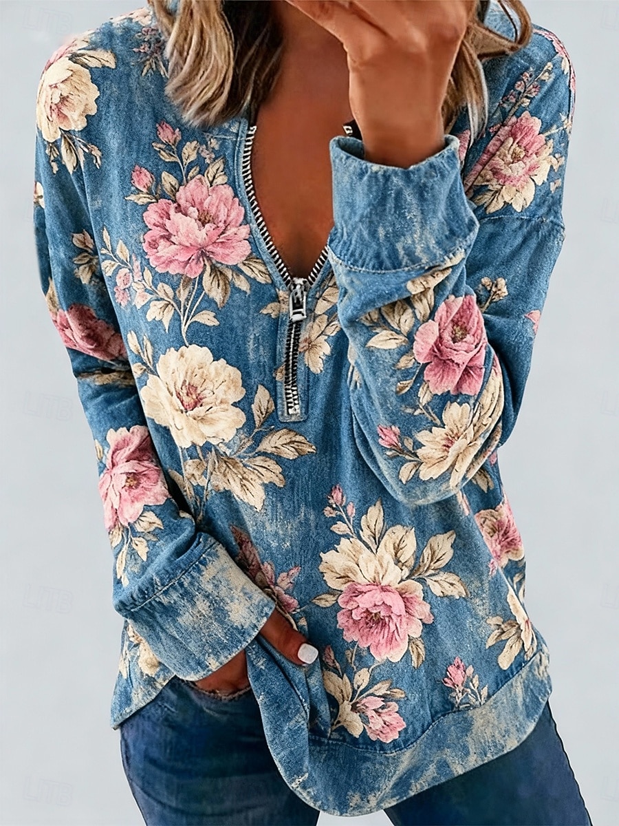 Per donna Felpa Pullover Felpe con cerniera Cerniera Stampato Floreale Moda Casual Manica Lunga Girocollo Top Regolari Casuale Streetwear Abbigliamento Quotidiano Blu Primavera Autunno Inverno del 2026 a $27.99 –P1