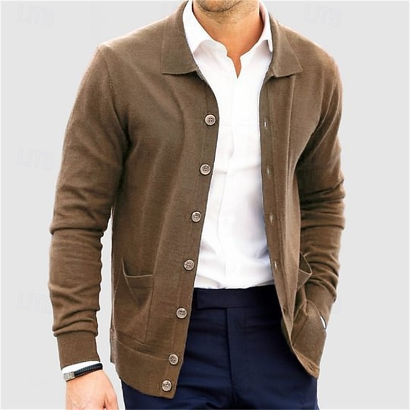 Men's Sweater Cardigan Sweater Ribbed Knit Regular Tops Knitted Plain Turndown Vacation Fashion Casual Office Clothing Apparel Spring &  Fall Navy Blue S M L 2026 - $36.99 –P2