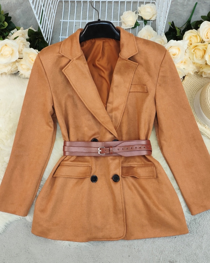 Women's Winter Coat Blazer Warm Comfortable Pocket Buttons Active Fashion Solid Color Outdoor Vacation Going out Weekend Long Turndown Regular Fit Long Sleeve Outerwear Khaki Fall Winter 2026 - $54.99 –P2