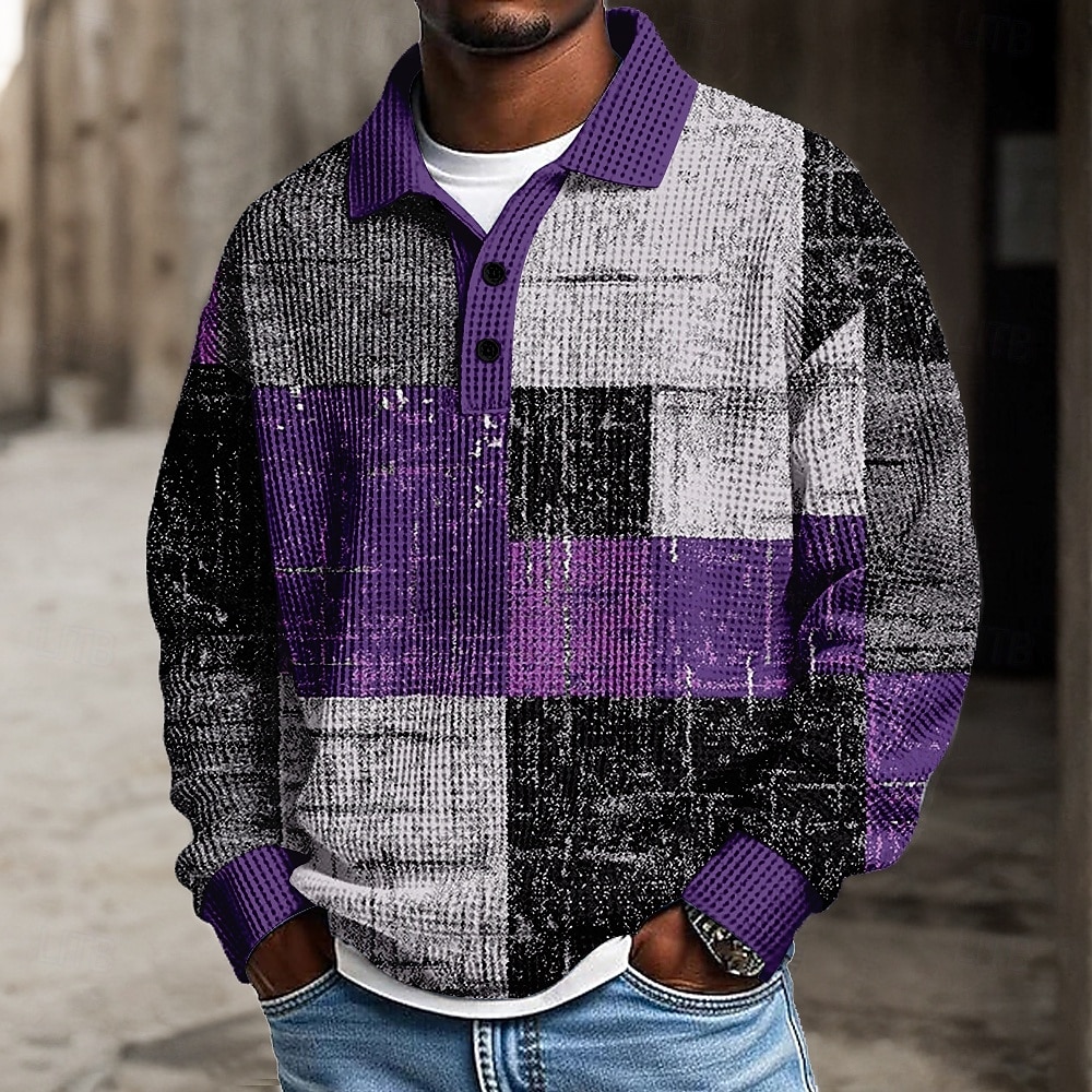 2026年 男性用 パッチワーク ポロ テクスチャード加工 長袖 ポロシャツ ラペル カジュアル 学校 アスレイジャー デイリーウェア 3Dプリント 春 秋 冬 ルビーレッド パープル グリーン  コレクション – $28.99 –P1
