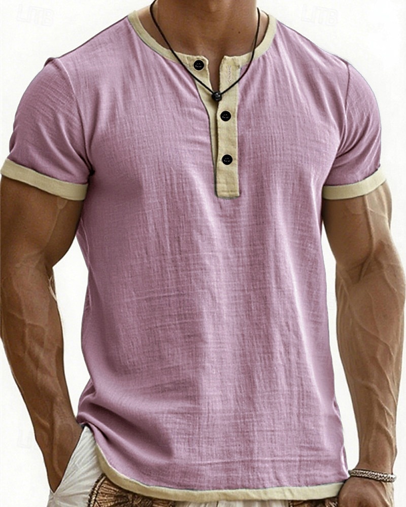 Herre T skjorte Henly-skjorte T-skjorter Kortermet skjorte Kortermet Henley Sommer Vår Fargeblokk Mote Designer Grunnleggende Lapper Feriereise Gate Ut på byen Blå Svart Rosa Topp T-skjorte for menn 2026 - $20.99 –P12