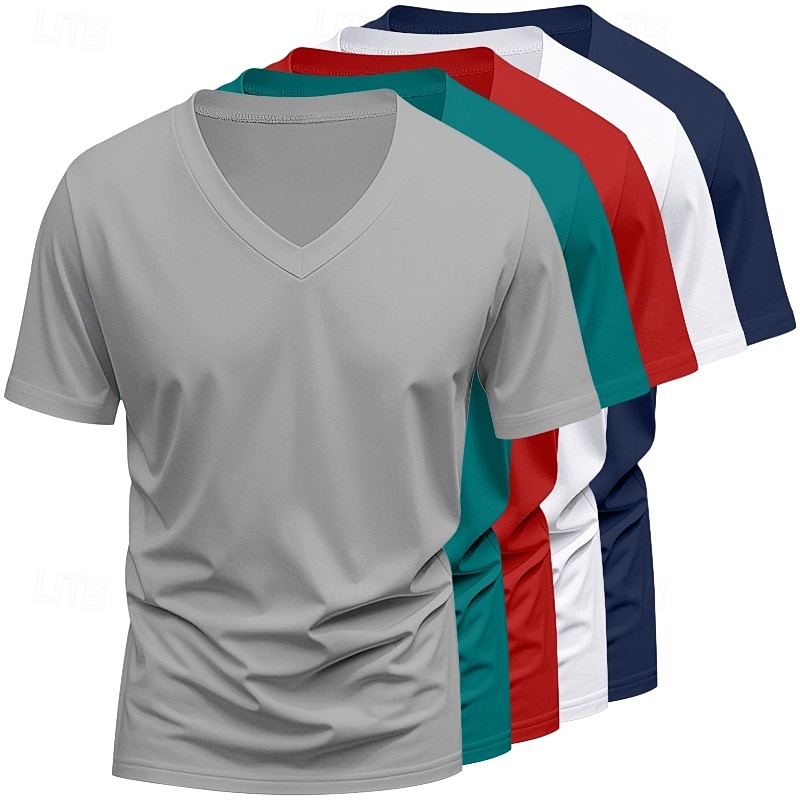 5-częściowy męski T-shirt z krótkim rękawem, dekolt w serek, letni, na każdą porę roku, jednolity kolor, prosty, codzienny, 5-częściowy zestaw, wakacyjny, casualowy, biały, top, męski 2026 - $59.99 –P6