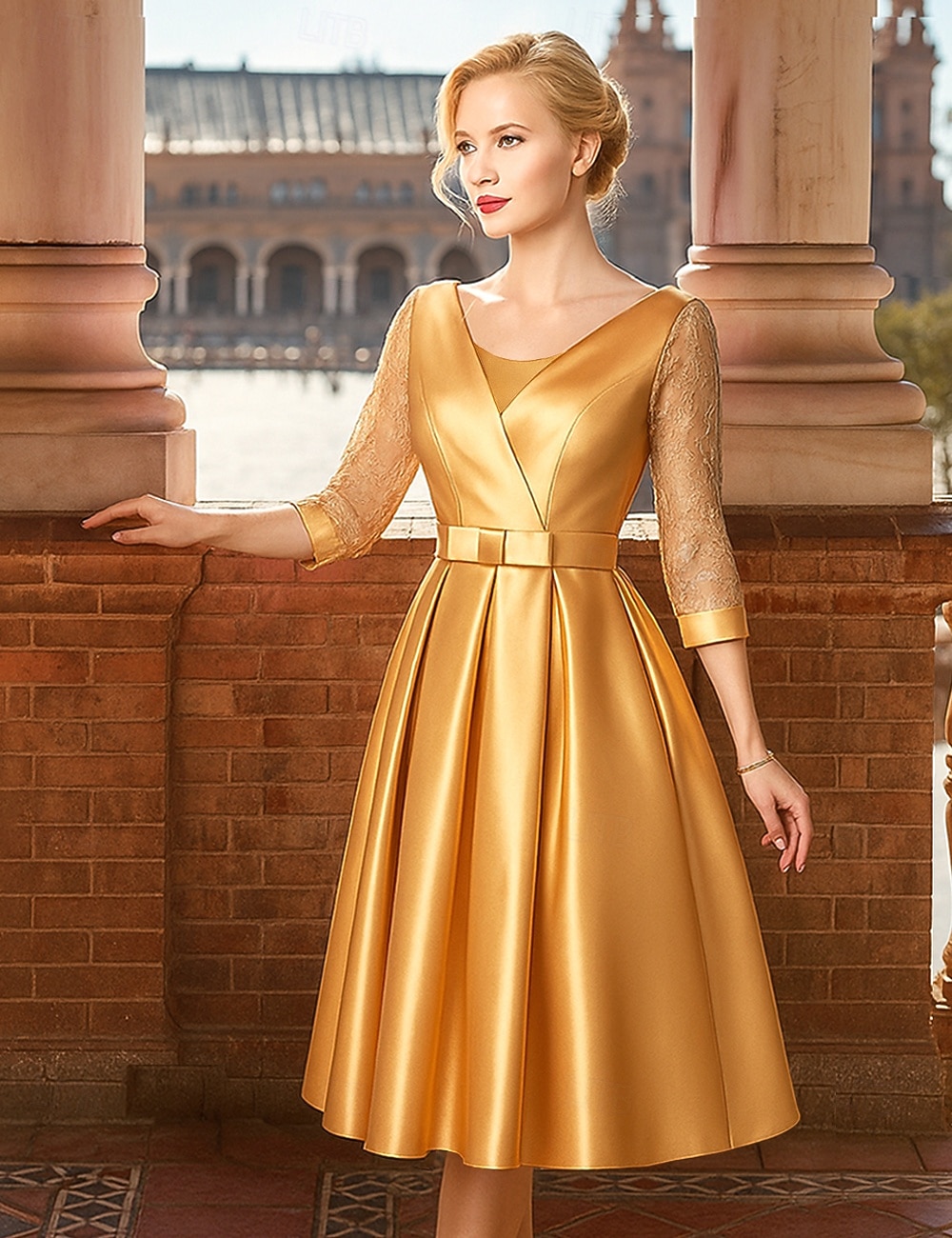 A-Line Te Lengde Festkjole Cocktailkjole Bryllupsgjesterkjole Mor til bruden kjole 3/4 Lengde Ermekraft Crew Neck Elegant Vintage Fest med Blonder Folds 2026 - $91.99 –P2