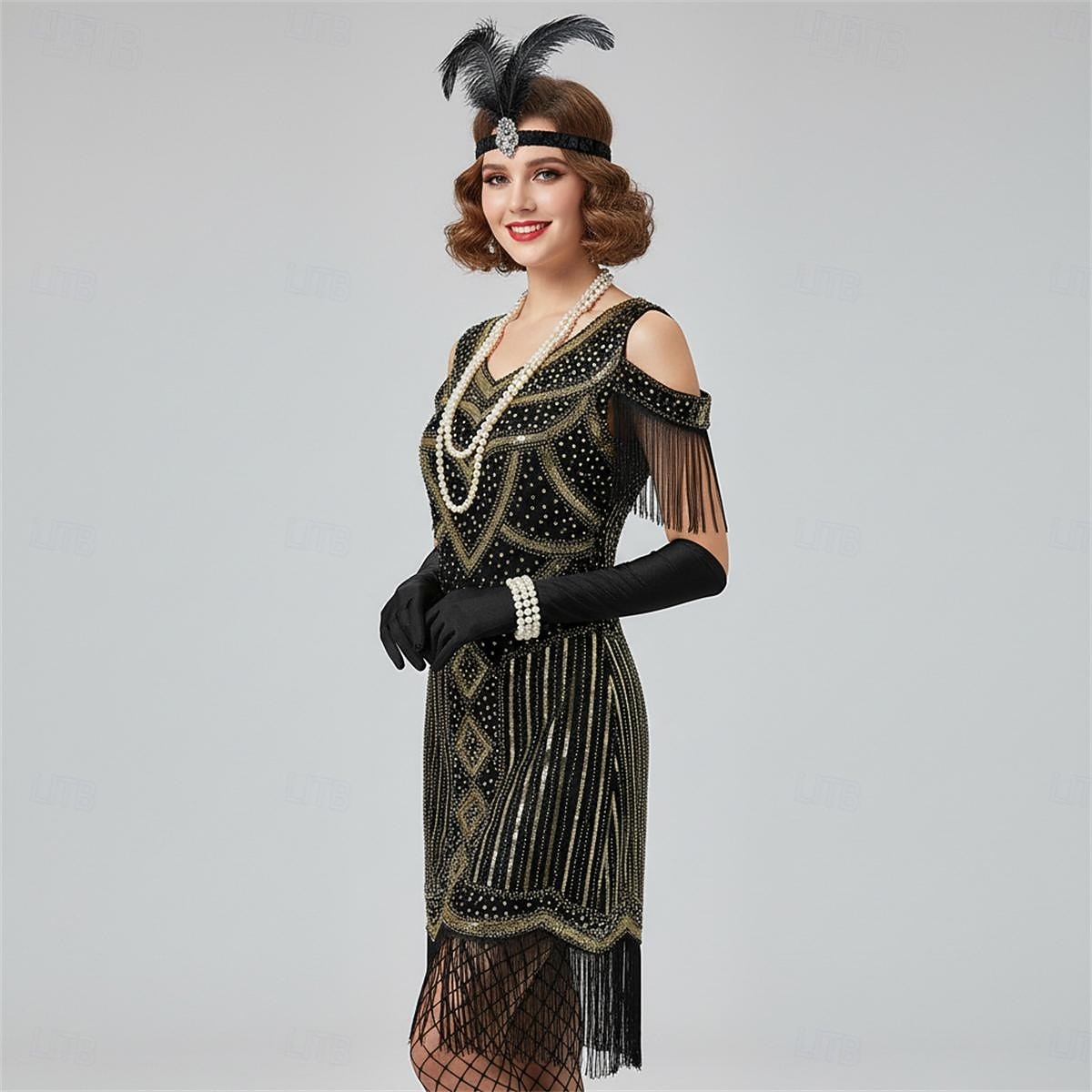Conjunto Rugido 20s 1920s Hasta la Rodilla Vestido Flapper Accesorios Vestido de fiesta de graduación con accesorios Hombro frío El gran Gatsby Invitado a la boda Lentejuelas Borlas Pluma Escote en 2026 - $54.99 –P10