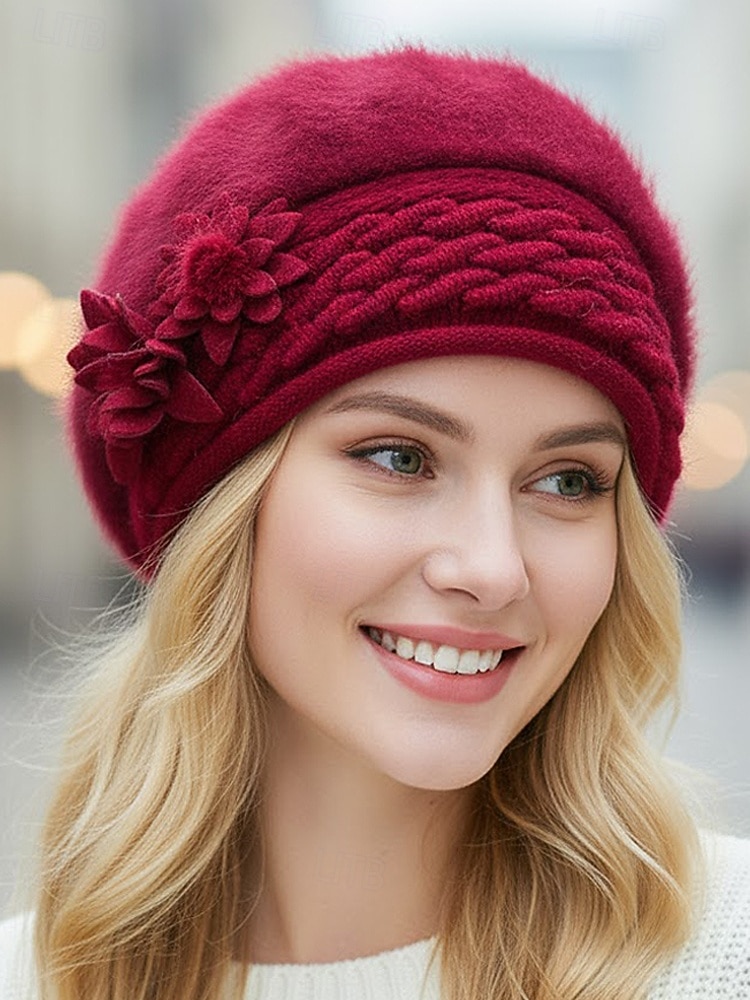 Dame vinterberet med 3D-blomster – mykt fuskepelsmateriale med fleecefôr, stilig strikkedesign, tilgjengelig i flere farger, perfekt for kaldt vær og høytidsklær 2025 - $14.99 –P5