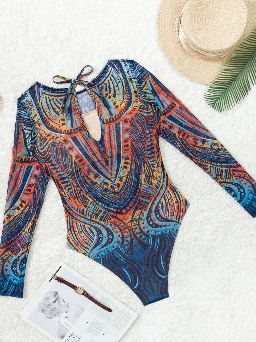 Dámský jednodelný plavkový úbor zeštíhlující sexy výřez Boho monokiny kontrola břicha vysoký pas štíhlé bez zad dovolená módní grafický geometrický kulatý výstřih dlouhý rukáv bez rukávů 2026 - $33.99 –P5