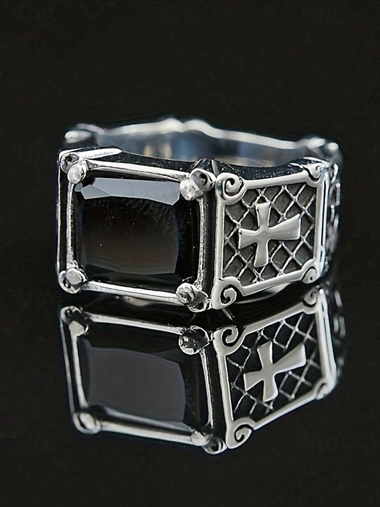 мужское кольцо с готическим крестом - сплав, черный и красный драгоценные камни, винтажный стиль с религиозным мотивом, идеальный рождественский подарок для повседневных и торжественных случаев 2026 - $7.99 –P6
