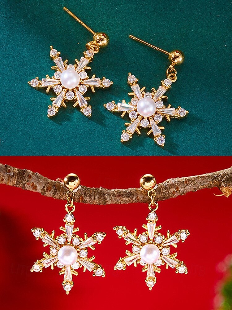 Julesnøfnuggøredobber til dame - legeringsmateriale med krystall- og perledetaljer, elegante høytidssmykker til fester og vinteranledninger 2026 - $9.99 –P12