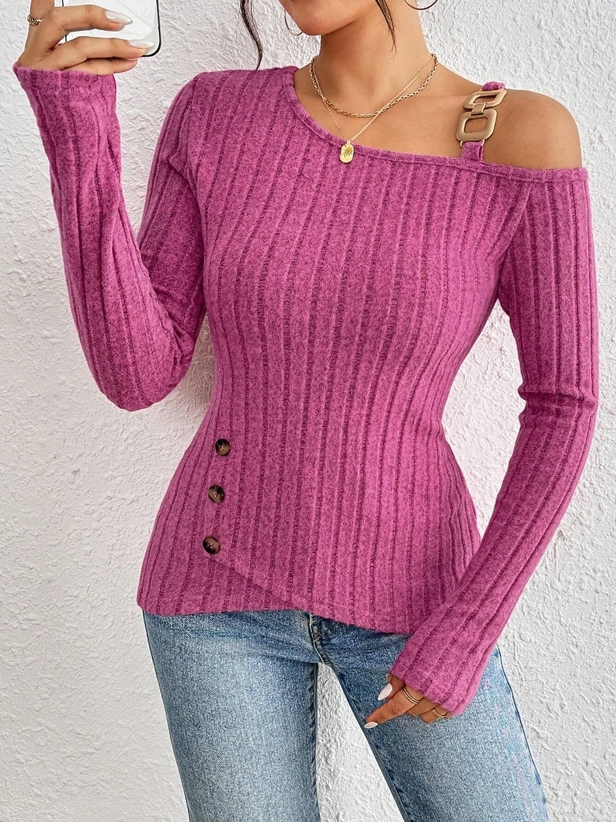 Women's Blouse Solid Color Stylish Casual Long Sleeve Asymmetrical Regular Tops Daily Patchwork Buttons Fuchsia Spring Fall Winter 2025 - $23.99 –P4