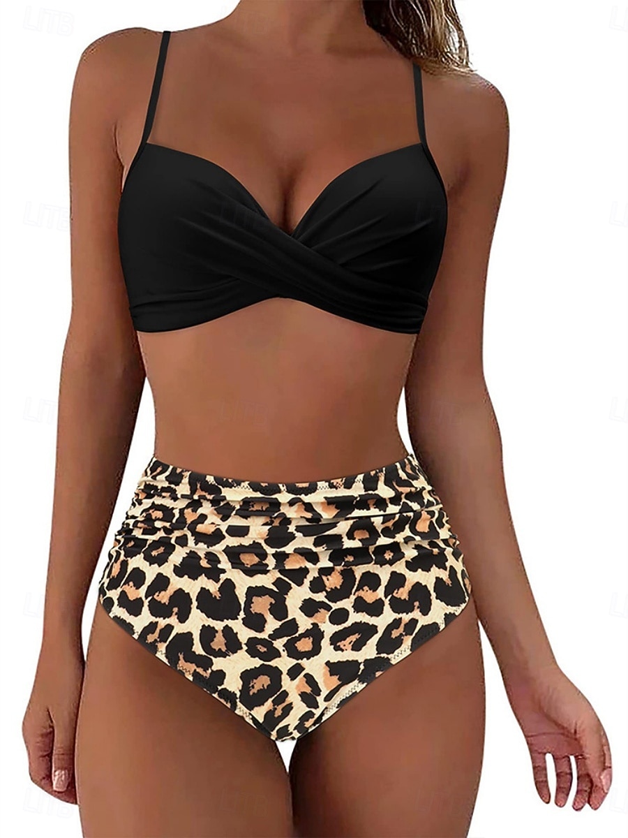 Женский бикини из 2-х предметов купальник с рюшами бюстгальтер с проволокой тонкие трусики открытая спина пляжная одежда для отпуска цветной график с V-образным вырезом без рукавов 2026 - $22.99 –P3