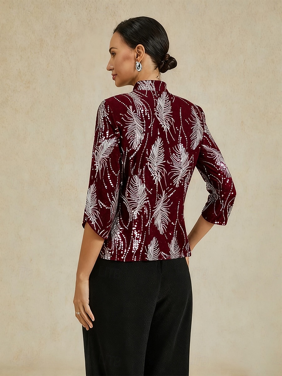 Mulheres Blusa Tops elegantes Paetês Bordado Pena Elegante Manga 3/4 Colarinho Mandarim Tops regulares Festa de Noite Convidado do casamento Vinho Primavera Outono Inverno de 2026 por $119.99 –P4