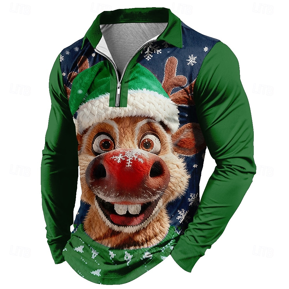Christmas Miesten Hirvi 3D sarjakuva Polo Pitkähihainen Poolopaidat Kauluskäänne Vapaa-aika Arki-asut Festivaalin asu 3D-tulostus Quarter Zip Polo Kevät Syksy Talvi Sininen Musta Rubiini 2026 - $23.99 –P4